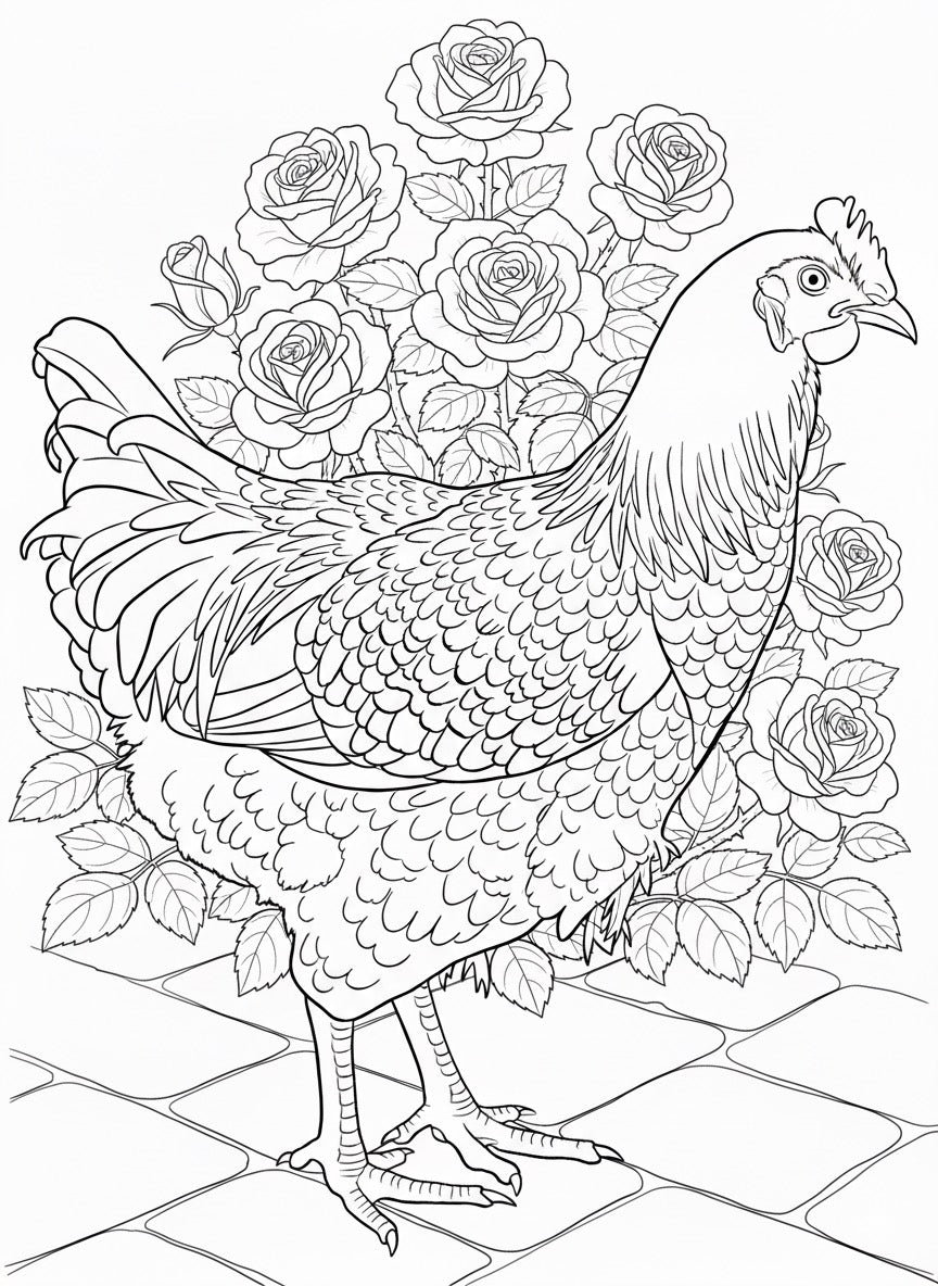 Rooster with rosebush - Digital Coloring Page